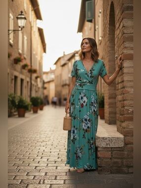 Floral Teal Wrap Maxi Dress - Brand: